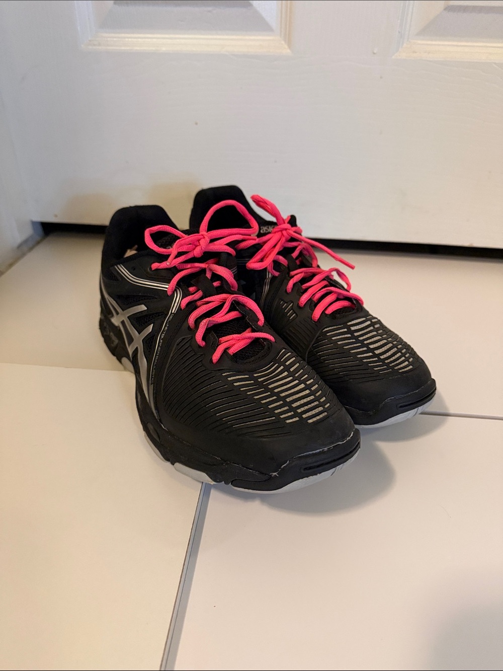 Asics Black Athletic Shoes with Pink Laces